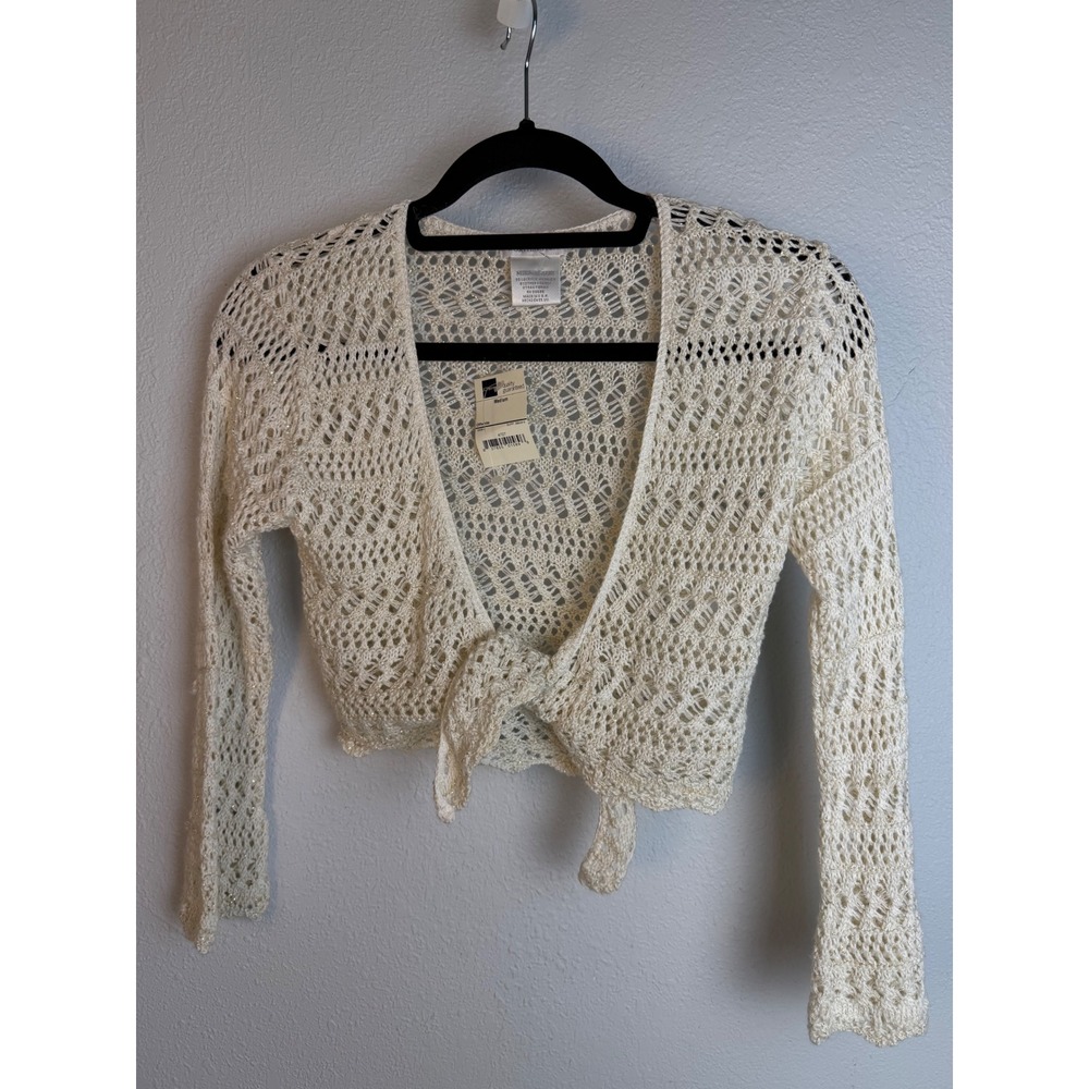 Worthington Crochet Shrug Medium Off-White NEW Tie-Front Metallic Boho Coquette
